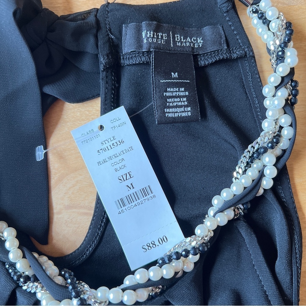 WHBM SLEEVELESS BLOUSE TOP PEARL BEAD NECKLINE BOW TIE BACK BLACK M NWT - Picture 11 of 12